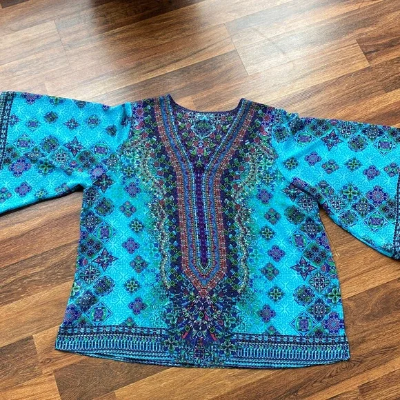 Belle Kim Gravel v neck shear printed boho kimono sleeve pull over poncho Sz Xl - Picture 9 of 9